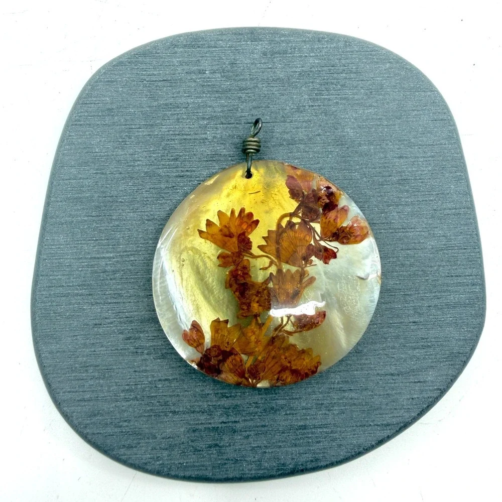 Dried Flower Resin Pendant Amber & Bronze Tone Yellow Cottagecore Boho Jewelry